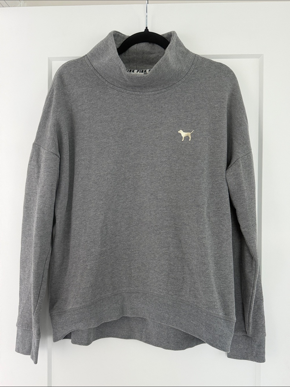 PINK Victoria's Secret Gray Cowl Neck Sweatshirt with Cream Dog Logo
